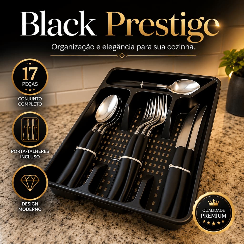 Conjunto Faqueiro 17 Peças Porta Talher Design Moderno Jogo Talheres Preto