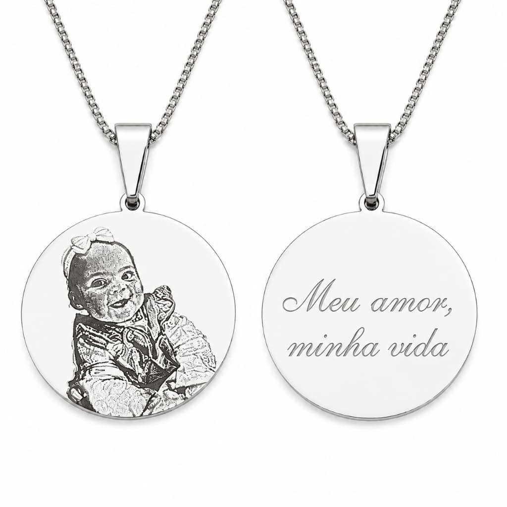 Pingente Prata Redondo 925 Personalizado Foto Frase Nome Gravação a Laser Presente Namorada Mãe Casal