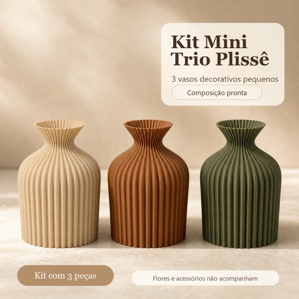 Kit Mini Trio Plissê 3 Vasos Decorativos Pequenos Cachepot Moderno Para Sala Aparador