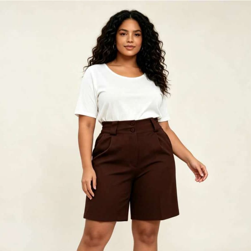 Short Feminino Plus Size Alfaiataria – Cintura Alta com Zíper, Elástico e BolsosGG G1 G2 G3