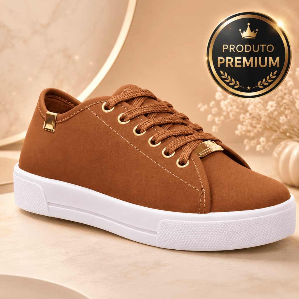 Tênis Feminino Casual Caramelo Sapatênis Confortável Leve com Cadarço Solado Branco Dia a Dia Passeio