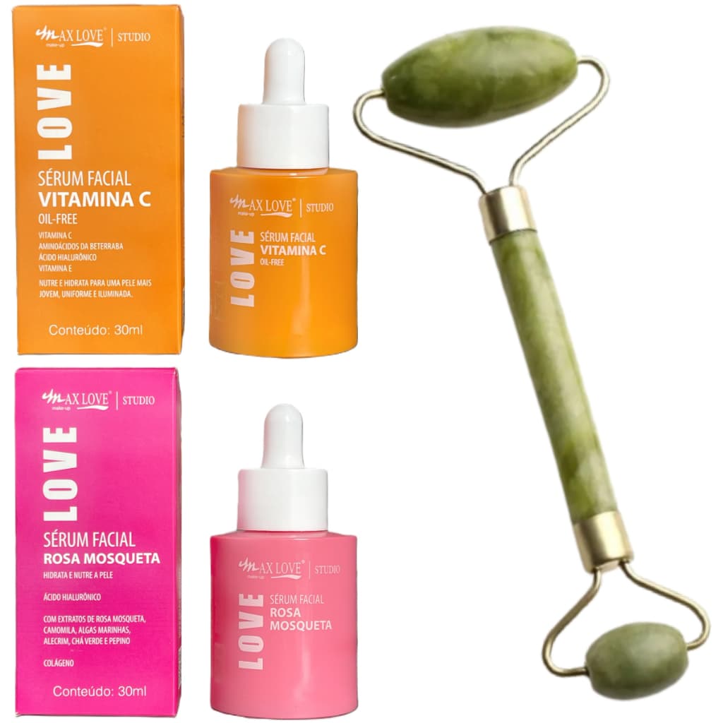 Kit Sérum Jade Roller Facial Vitamina C Rosa Mosqueta Embalagem Virginia Massagem Drenagem Linfática