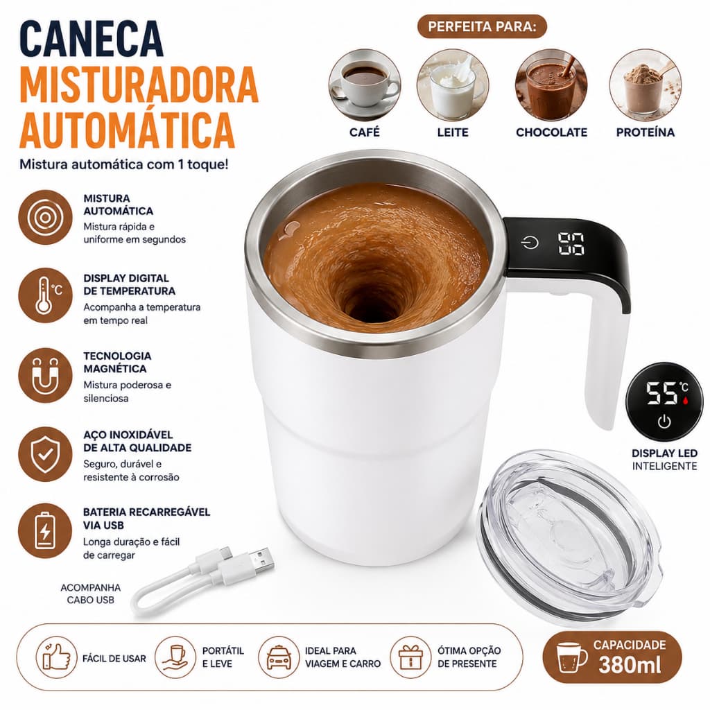 Copo Misturador Elétrico Magnético Recarregável em Aço Inox | Caneca Automática Portátil para Café, Leite, Proteína e Ch