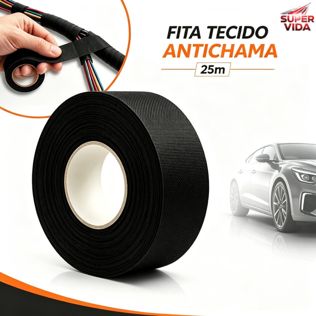 Fita Isolante Tecido Lonada Antichama 25MX19CM Para Chicote Automotivo Fios e Cabos