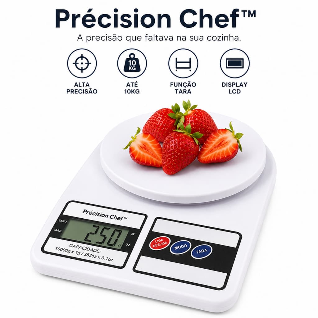 Balança Digital de Cozinha 10kg Alta Precisão LCD Eletrônica com Função Tara Précision Chef™