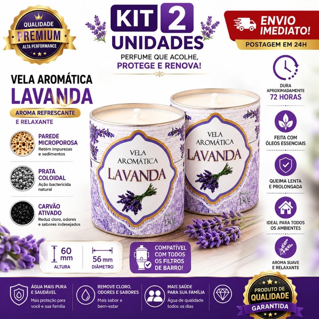 Kit 2 Velas Aromáticas Lavanda 130g Perfumadas Até 72h Decorativas