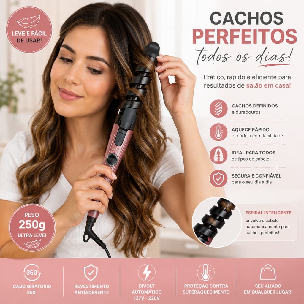 Modelador de Cachos Espiral Automático Bivolt 30W Cachos Perfeitos Rápido Modelador de Cabelo Profissional