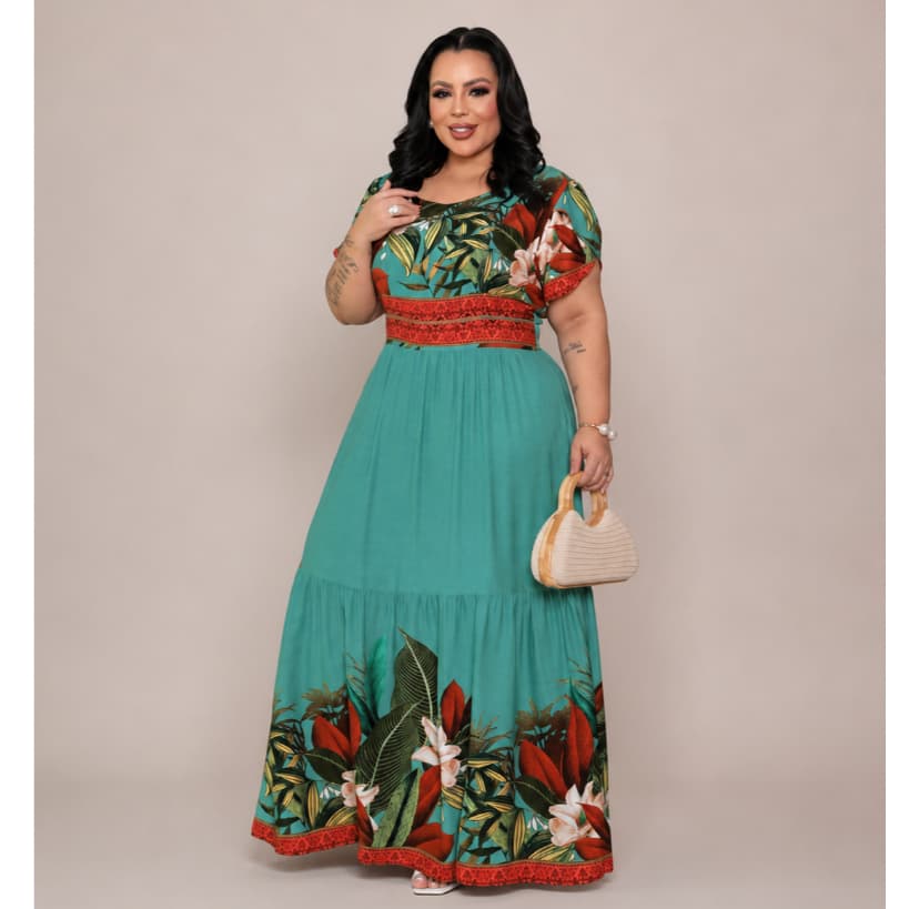 Vestido Longo Plus Size Feminino Estampado Cintura Elástica Manga Tulipa Viscosarja Elegante Forrado