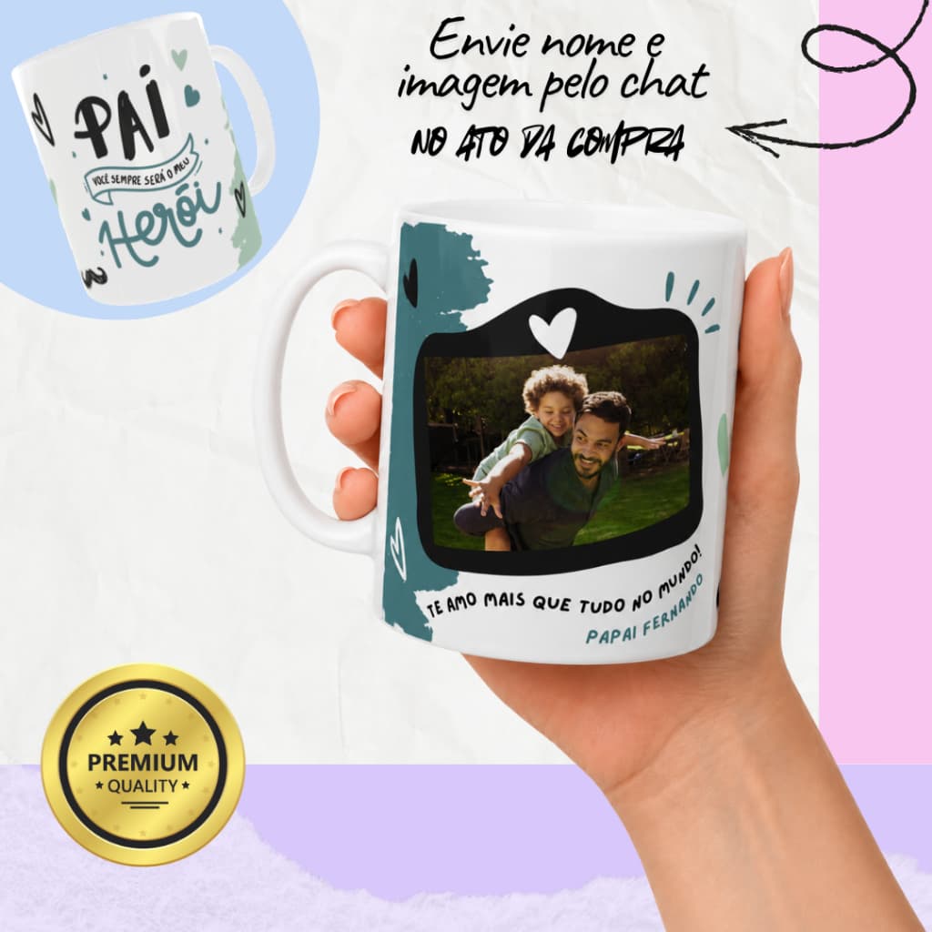 Caneca Porcelana Personalizada Pai Xícara Cerâmica Personalizada Foto Nome Presente Dia dos Pais