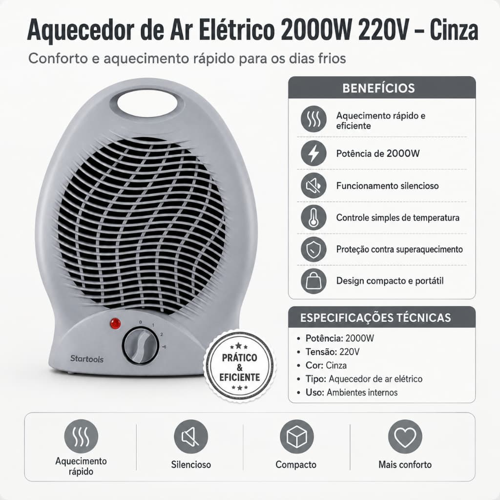 Aquecedor Eletrico Portatil 2000W 220V Termoventilador Rapido Aquecimento Sala Quarto Escritorio Ambiente Cinza