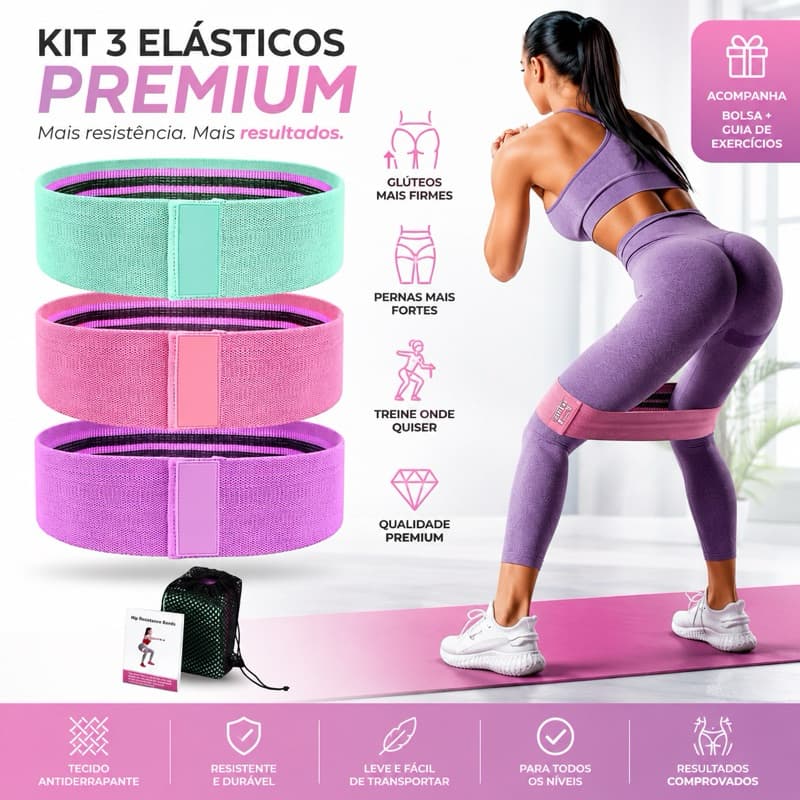 Kit 3x Mini Bands Elásticas de Tecido para Glúteos e Pernas Faixas de Resistência  com 3 Níveis para Treino