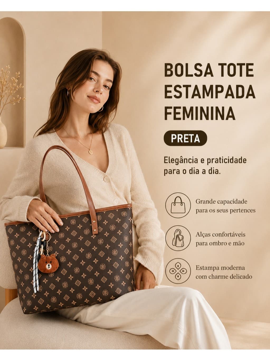 JAMI JAMI Bolsa Tote Feminina Espaçosa com Alças de Ombro Reforçadas Estampa Clássica e Acessório Decorativo TM9187