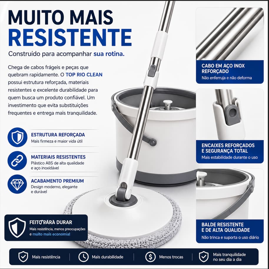 TOP RIO CLEAN Mop Giratório 360° com Balde Autolimpante 13L 2 Refis Microfibra Cabo Reforçado Limpeza Profissional