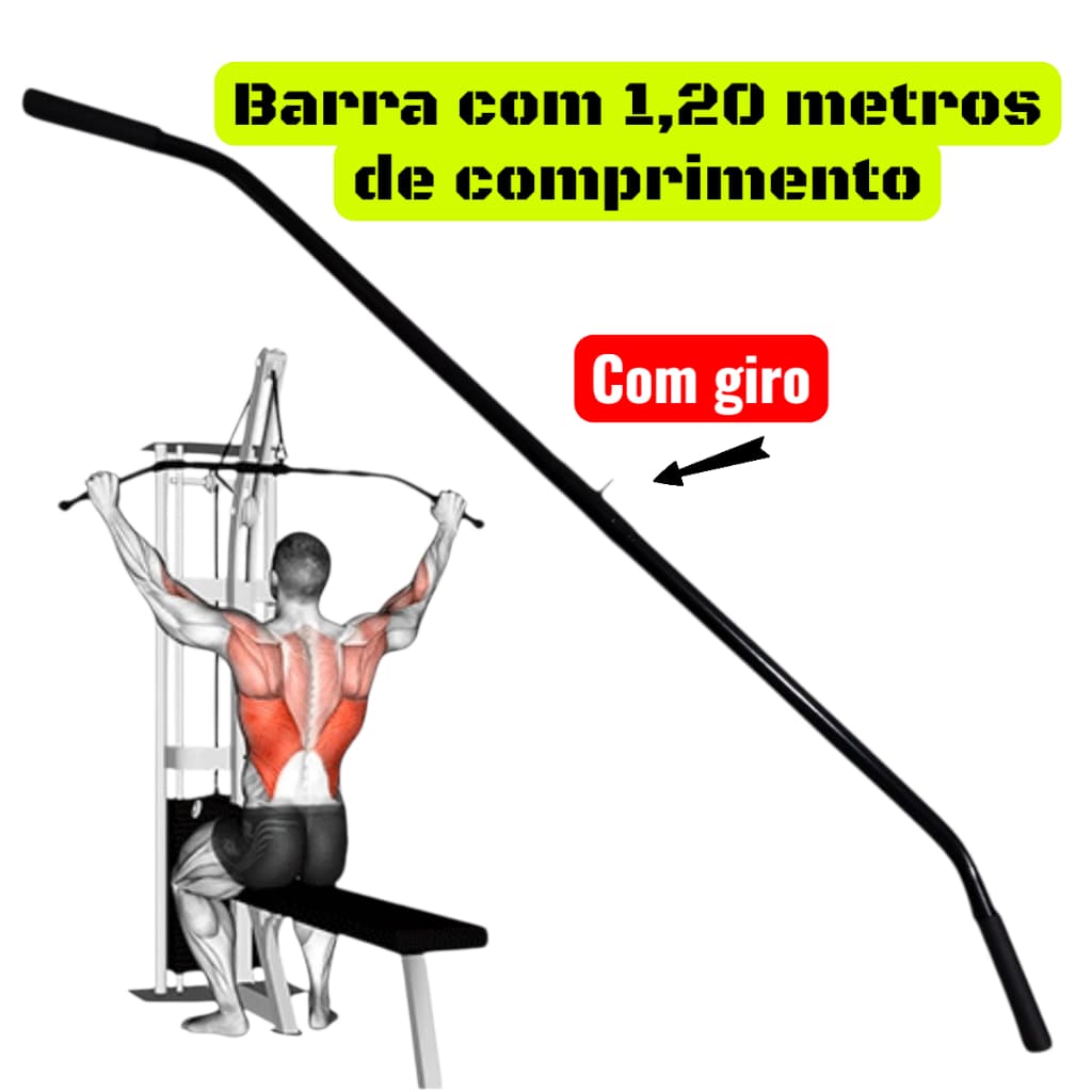 Puxador Costas alto Pulley 1,20metros Academia Musculação Aço Tubular Reforçado Preto com Manoplas