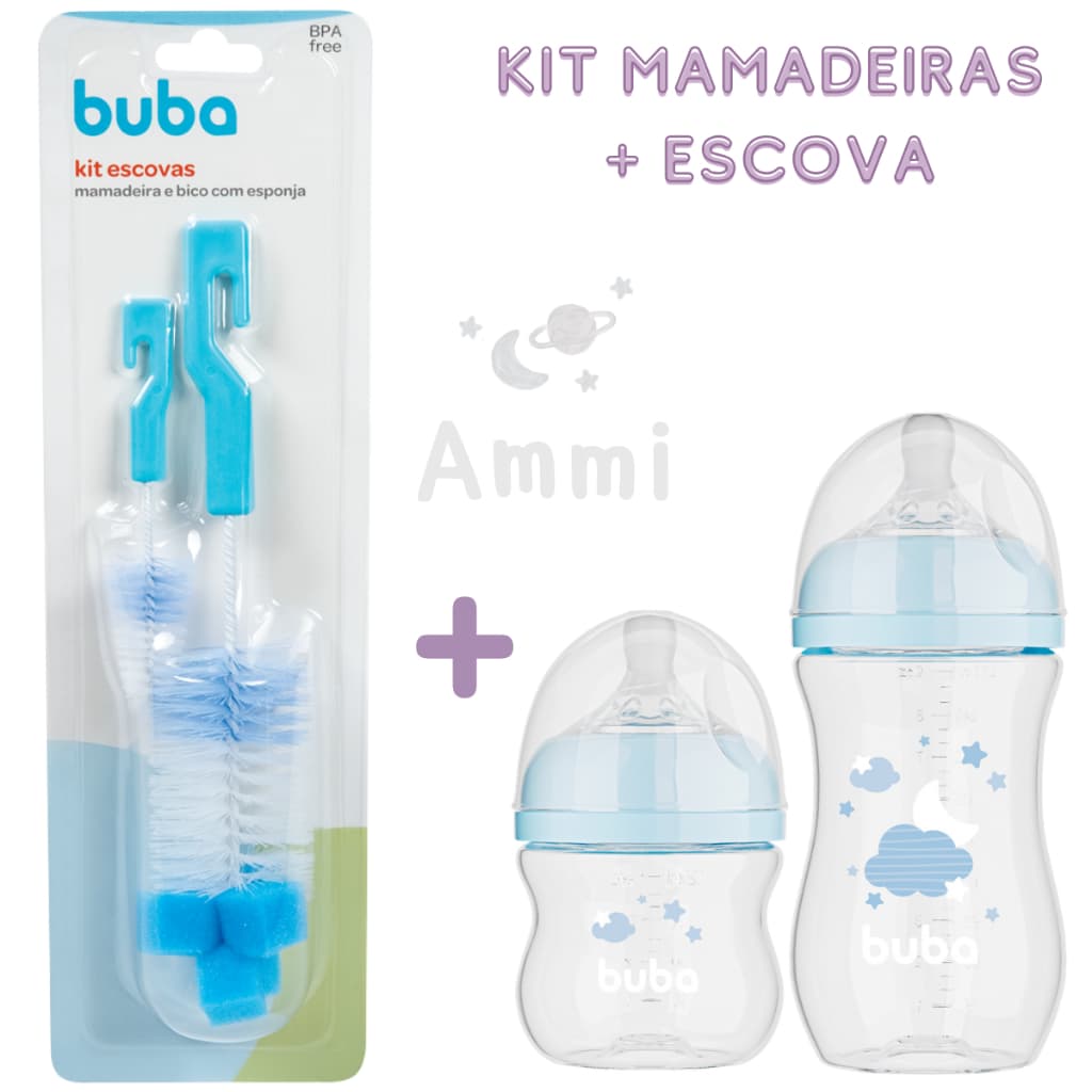 Kit 2 Mamadeira Anticólica Buba 120ML E 270ML + Escova de Lavar Mamadeira Azul