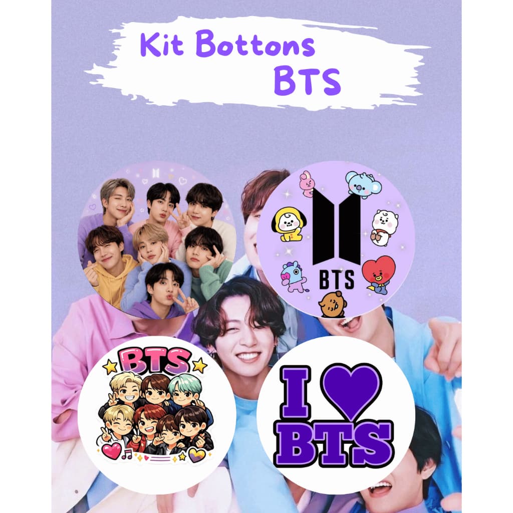 Kit 4 Bottons BTS Kpop Broche Pin Para Mochila Roupa Fã Army K-Pop
