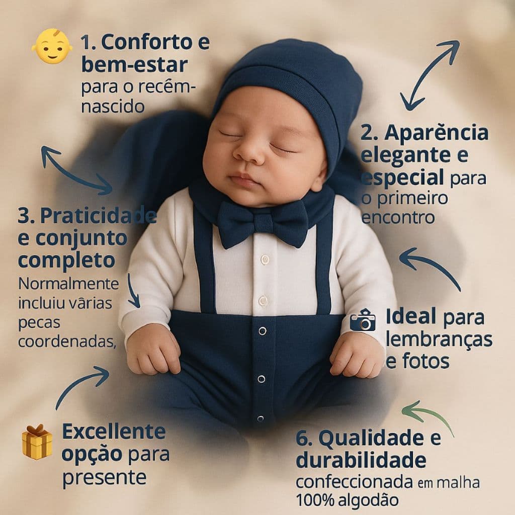 Saída Maternidade Menino Conjunto Infantil Macacão com Suspensorio 04 Peças Roupas de Bebê