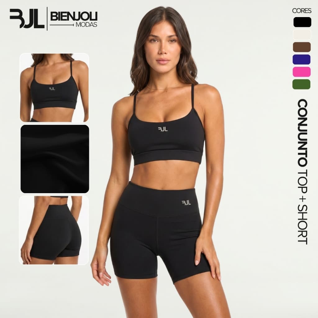 Conjunto Top e Short Fitness Feminino ZERO TRANSPARÊNCIA Academia Cropped Alça Yoga Pilates Corrida