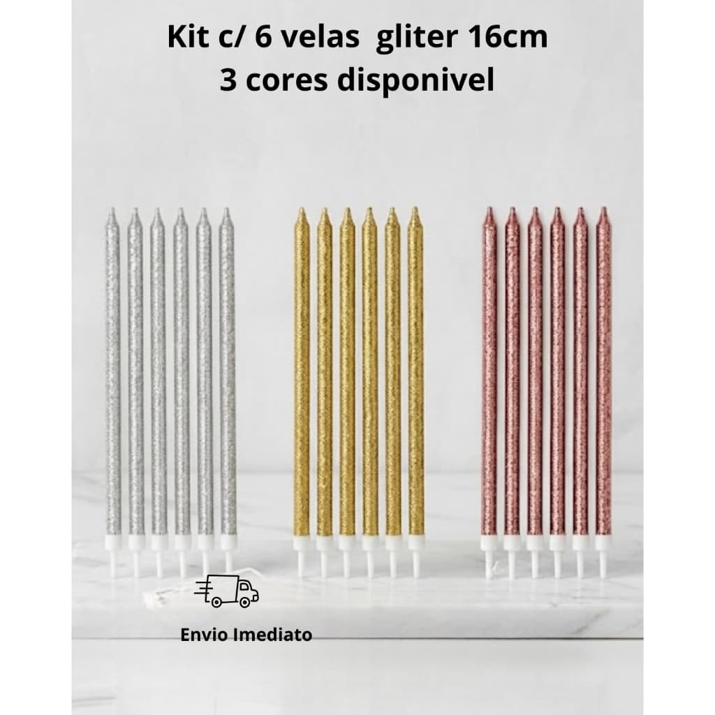 Kit com 6 Velas Palito para aniversario com gliter