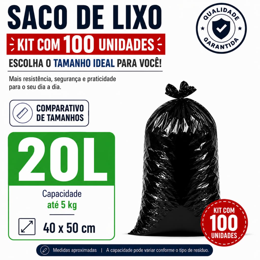 Kit com 100 Sacos de Lixo Plástico Preto Reforçado 20 Litros – Alta Resistência, Qualidade e Durabilidade