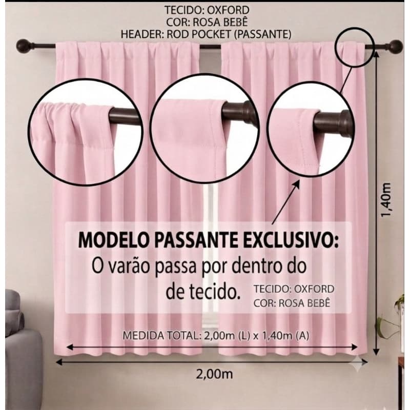Cortina Oxford Passante 3,00×1,40 Vários Tamanhos Sala Quarto Infantil Várias Cores