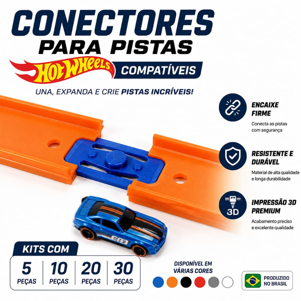 Kit Conectores para Pistas Compatíveis Hot Wheels | Une Pistas com Segurança | Impressão 3D | Kits 5, 10, 20 e 30 Uni