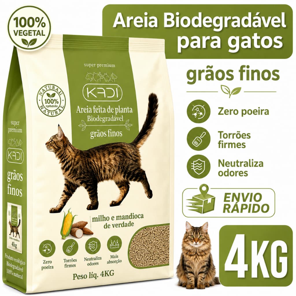 Areia 4 Kg Mandioca e Milho Biodegradável Kadi Grãos Finos Para Gatos - Envio Imediato -