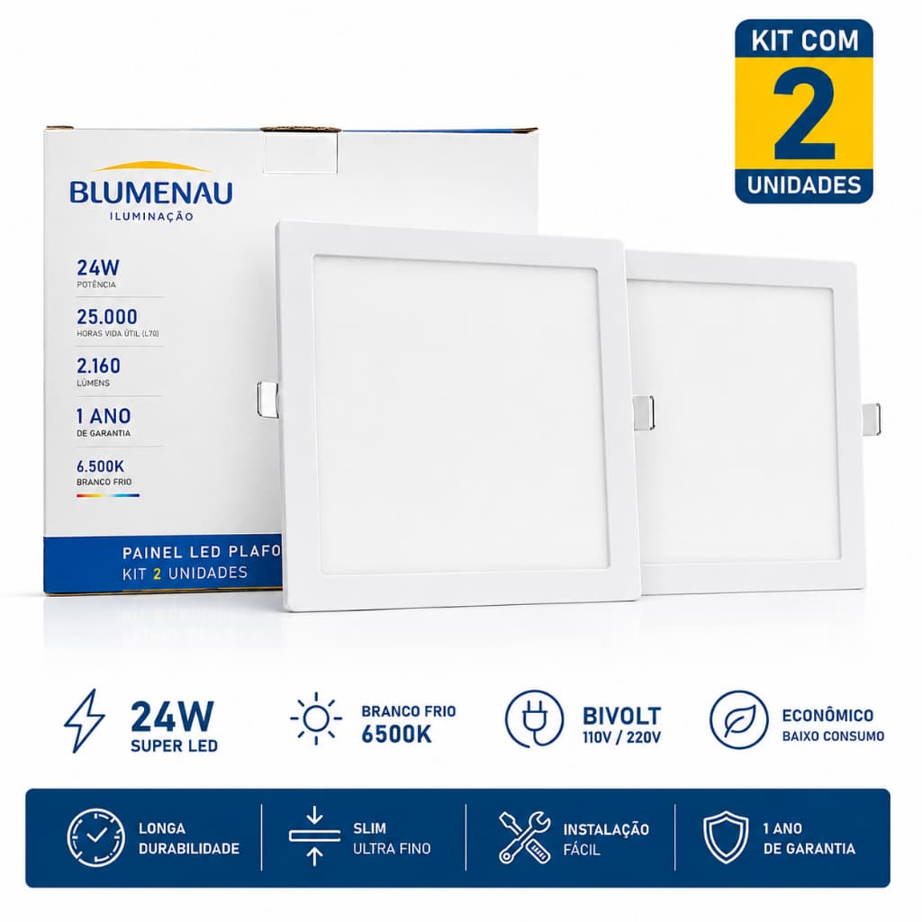 Kit 2 Painel Luminaria Plafon 24W Quadrado de Embutir/Sobrepor Branco Frio 6500k Bivolt Economico