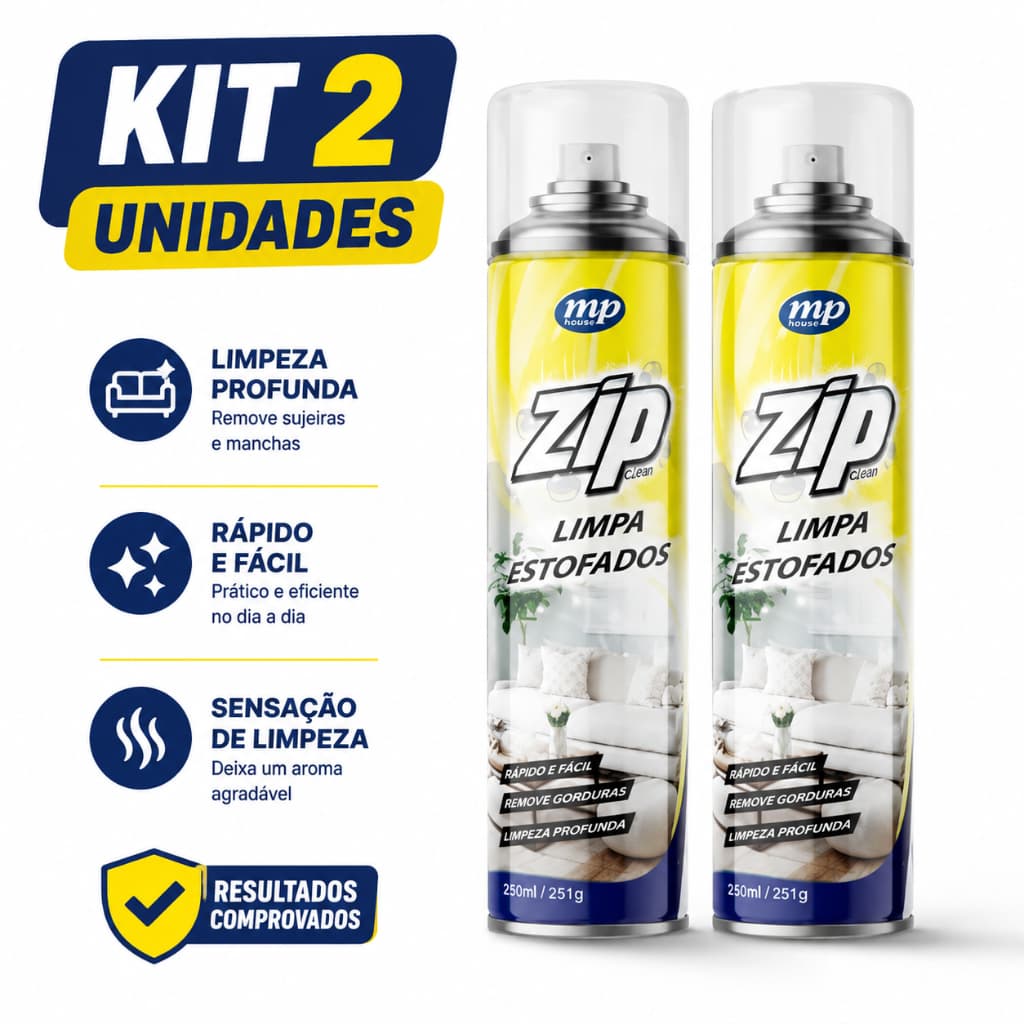 Limpa Estofado Espuma Seca Zip Clean 300ml Kit 2 Limpeza Profunda Sofá Banco Carro Tapete Tira Mancha