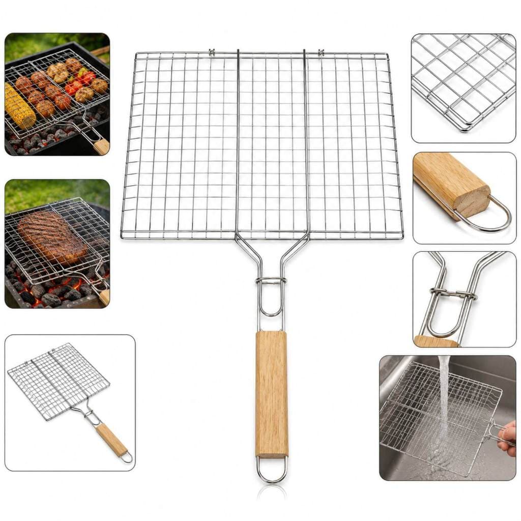 Grelha Dupla Churrasco Inox Cabo Madeira 34x22cm