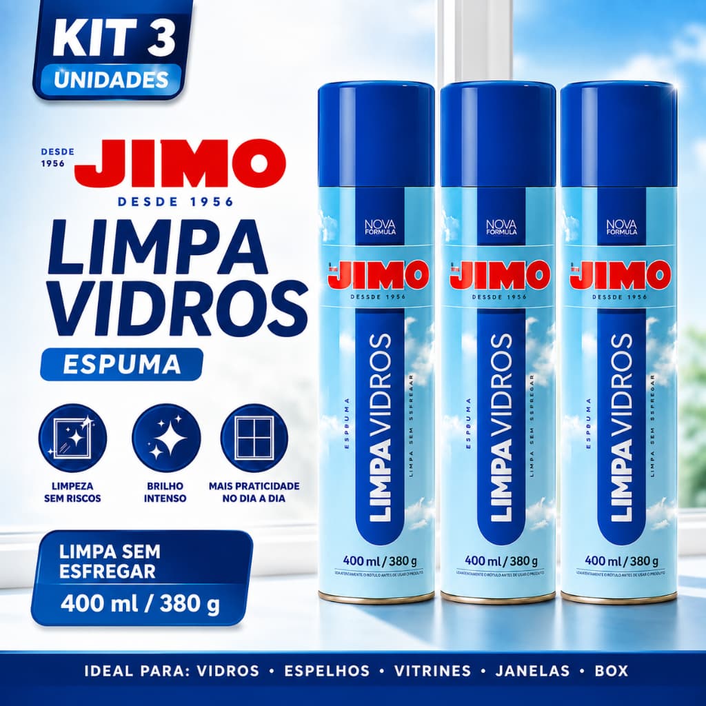 Kit 3 Limpa Vidros Jimo Spray 400ml Multiuso Sem Borrar Limpeza Profunda Box Janela Sacada Porta Espelho