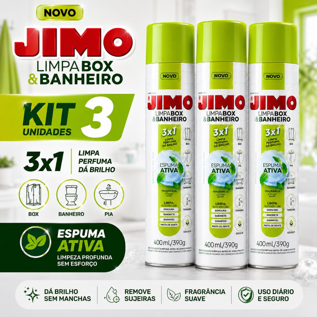 Kit 3 Limpa Box Banheiro JIMO 400ml Spray Remove Calcário Mancha Água Sabão Tira Limo Mofo Vidro Box Banheiro