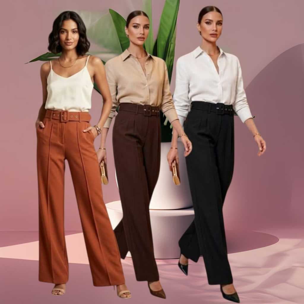 Calça feminina social alfaiataria cintura alta elgente