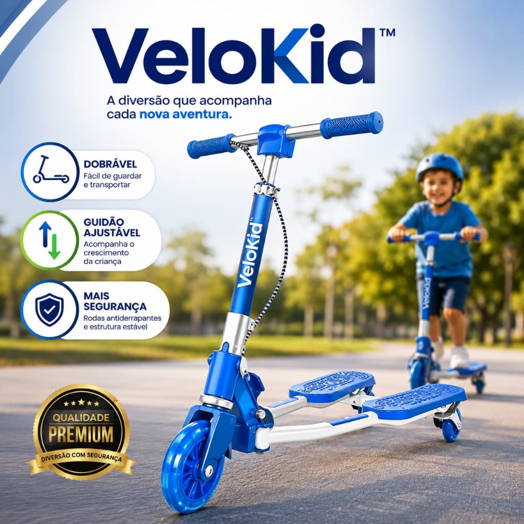 Patinete Infantil 3 Rodas Dobrável com Guidão Ajustável Rodas Antiderrapantes VeloKid™