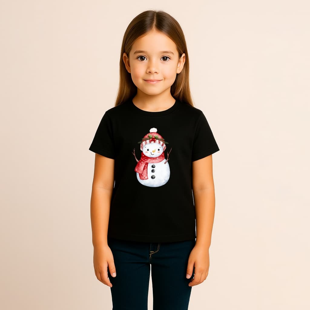 CAMISETA INFANTIL MENINA ALGODÃO BONECO NEVE GORRO VERMELHO CACHECOL KAWAII