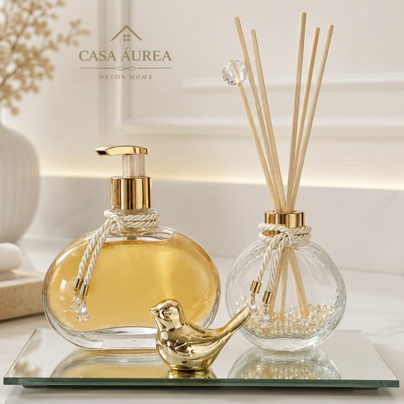 Kit Lavabo Banheiro Aromatizador Varetas e Saboneteira Moderno com Bandeja Espelhada Clean Decoração Passarinho Cerâmica
