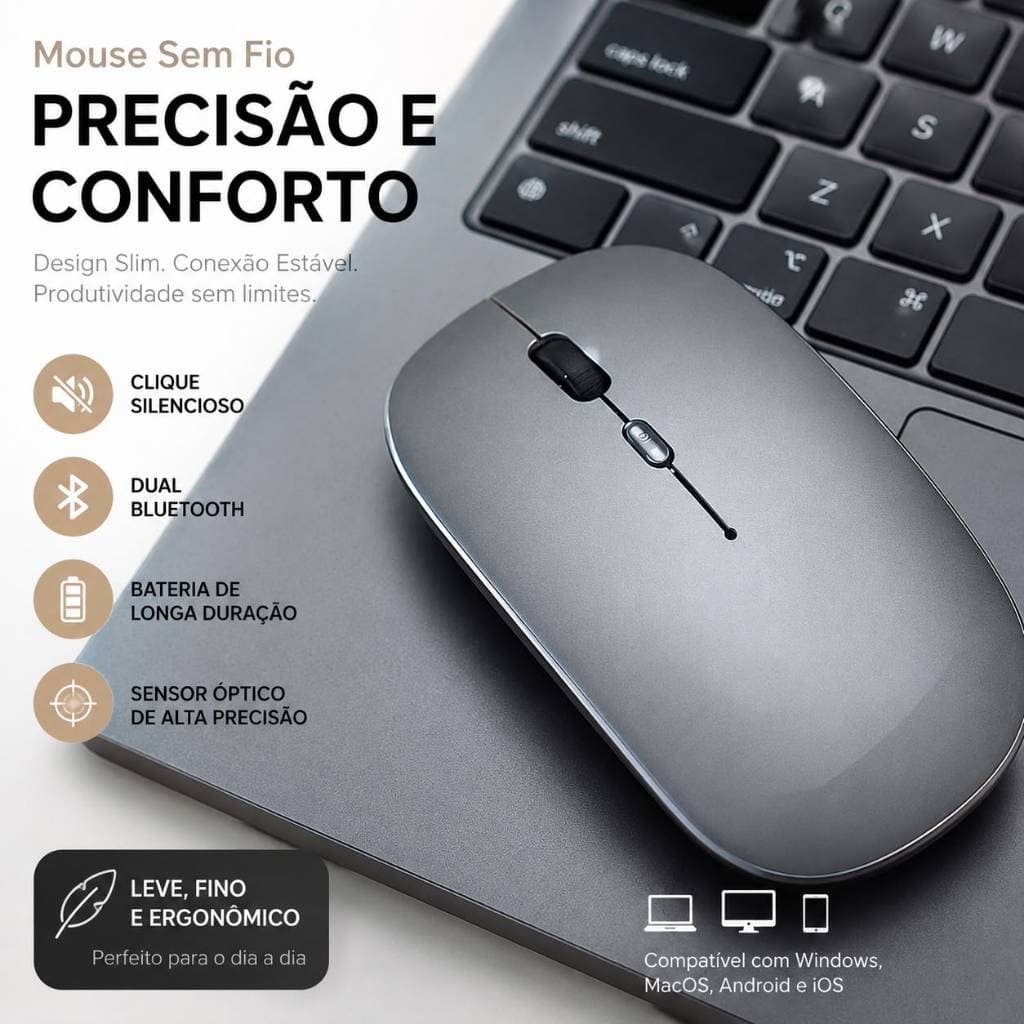Mouse Sem Fio Recarregável Slim Silencioso USB Premium para Notebook e PC
