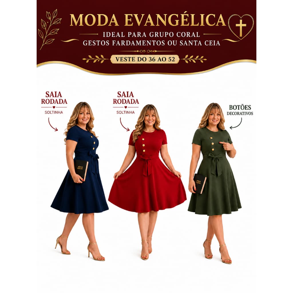 Vestidos Feminino Moda Evangélica Social Midi; Rodado Soltinho Executiva Plus Size com cinto Casual Jovem Moderna