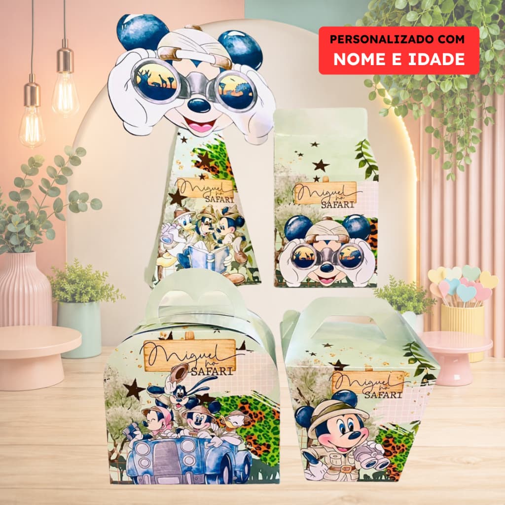CAIXINHA MICKEY SAFARI - PEGUE E MONTE -  PERSONALIZADAS COM NOME E IDADE - KIT FESTA, DECORAÇÃO, LEMBRANCINHA