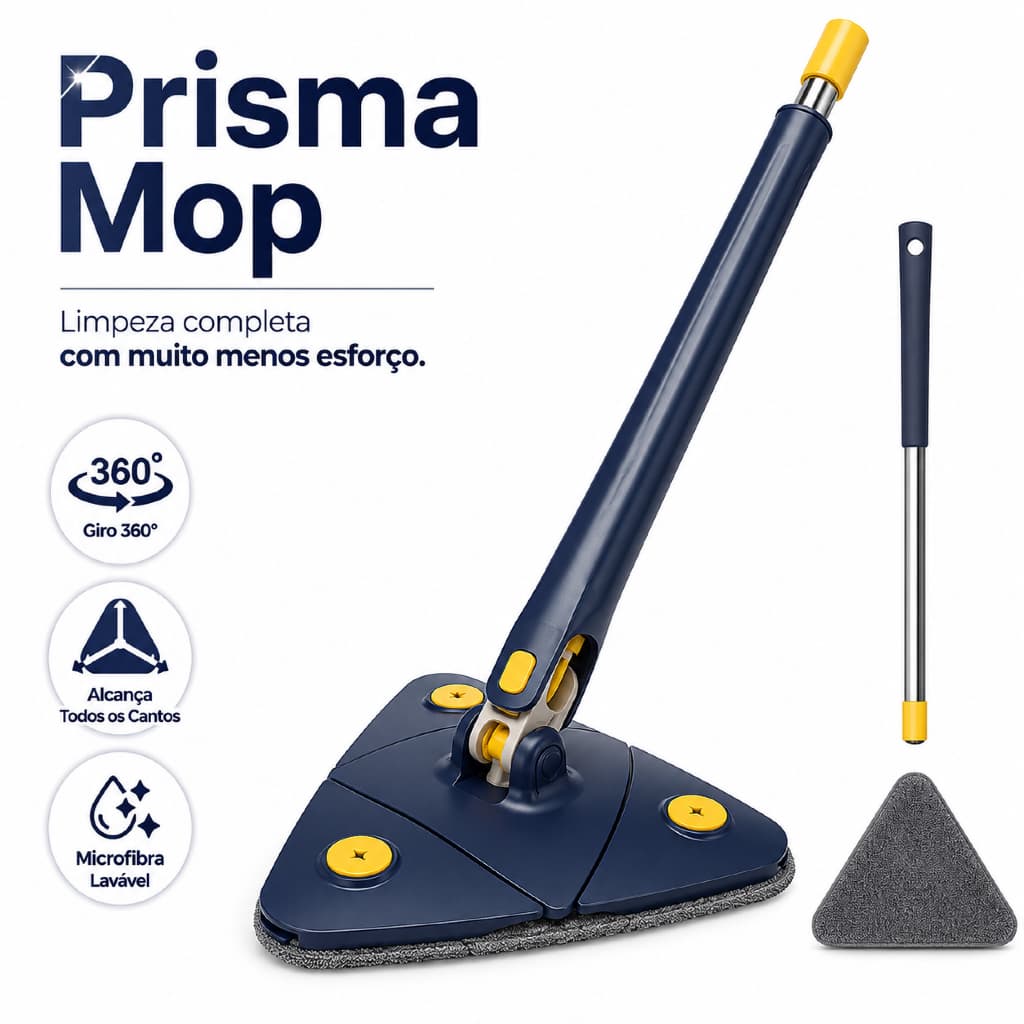 Prisma Mop Giratório Triangular 360° Esfregão de Limpeza Microfibra Multiuso para Piso, Parede e Vidro