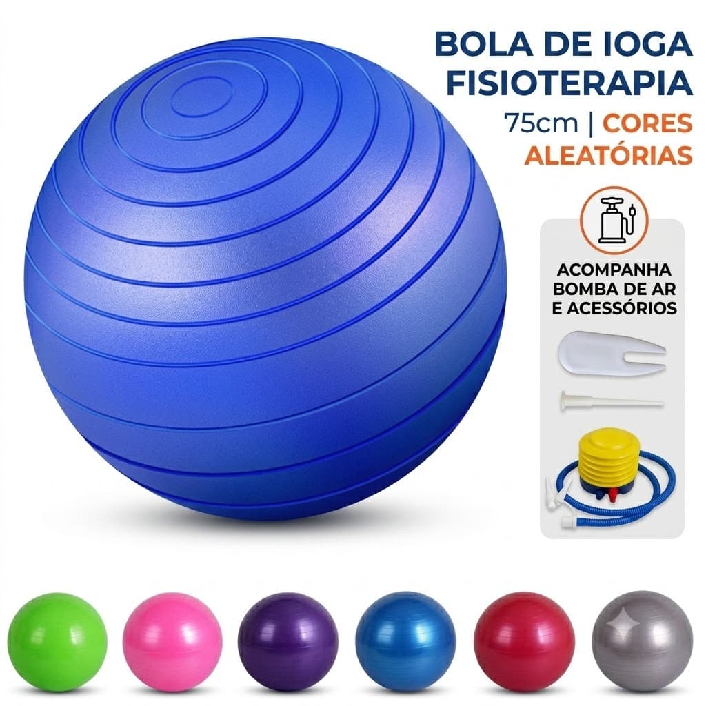 Kit Bola Suíça 75cm de Yoga Pilates Fisioterapia com Bomba de Ar Anti-Estouro Cor Aleatória