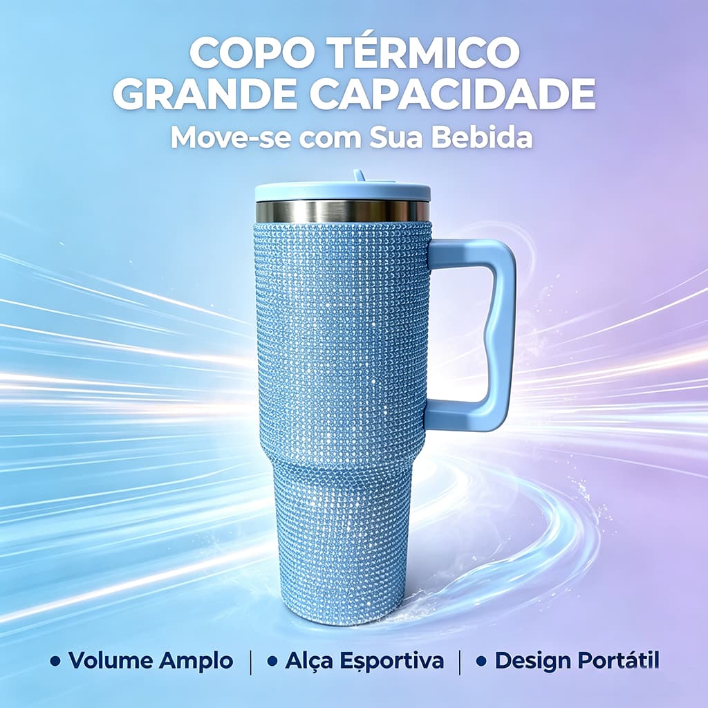 Copo Térmico 1.2L Inox com Alça Portátil Tampa e Detalhes em Strass Elegante