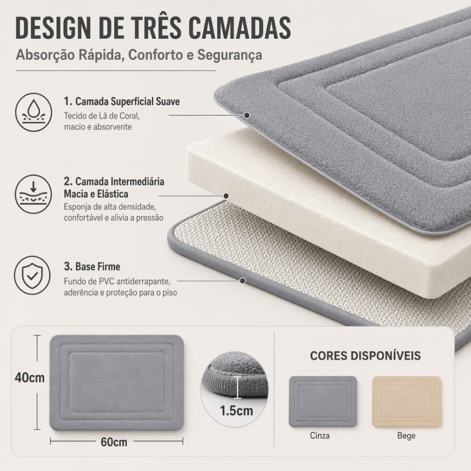 Tapete de Banheiro Veludo Coral 60x40cm Super Absorvente Antiderrapante, Tapete Macio Secagem Rápida para Box Banho