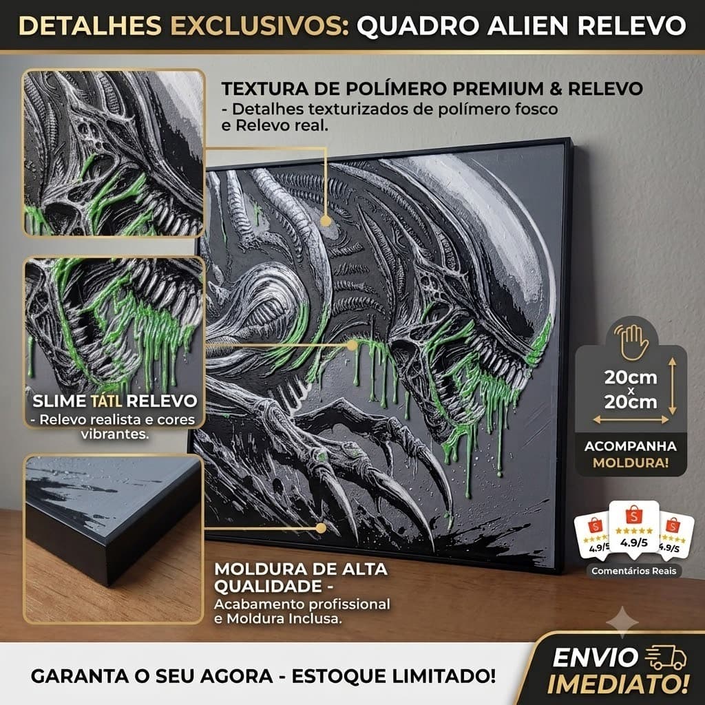 Quadro Decorativo Alien Relevo 3D 20x20cm Com Moldura Placa Arte Parede Geek Gamer Colecionavel Sci-Fi Terror