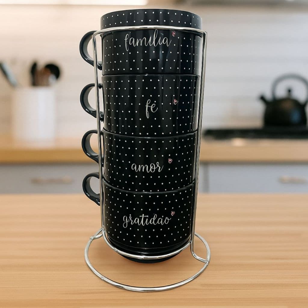 Jogo 4 Xicaras 210ML Preta Frases Para Café Chá com Suporte Cromado