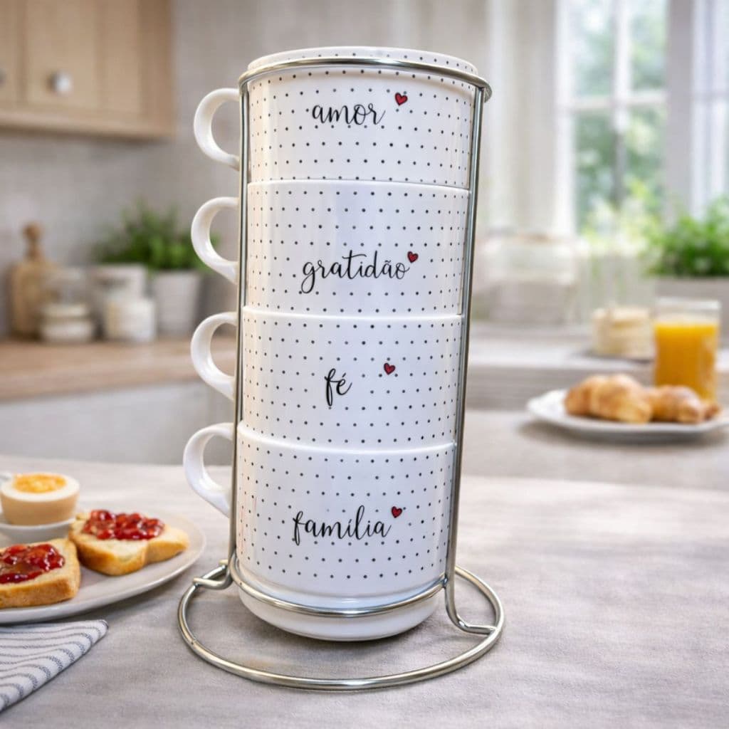 Kit 4 Xicaras Frases + Suporte Cromado Decoração Organizador Cozinha