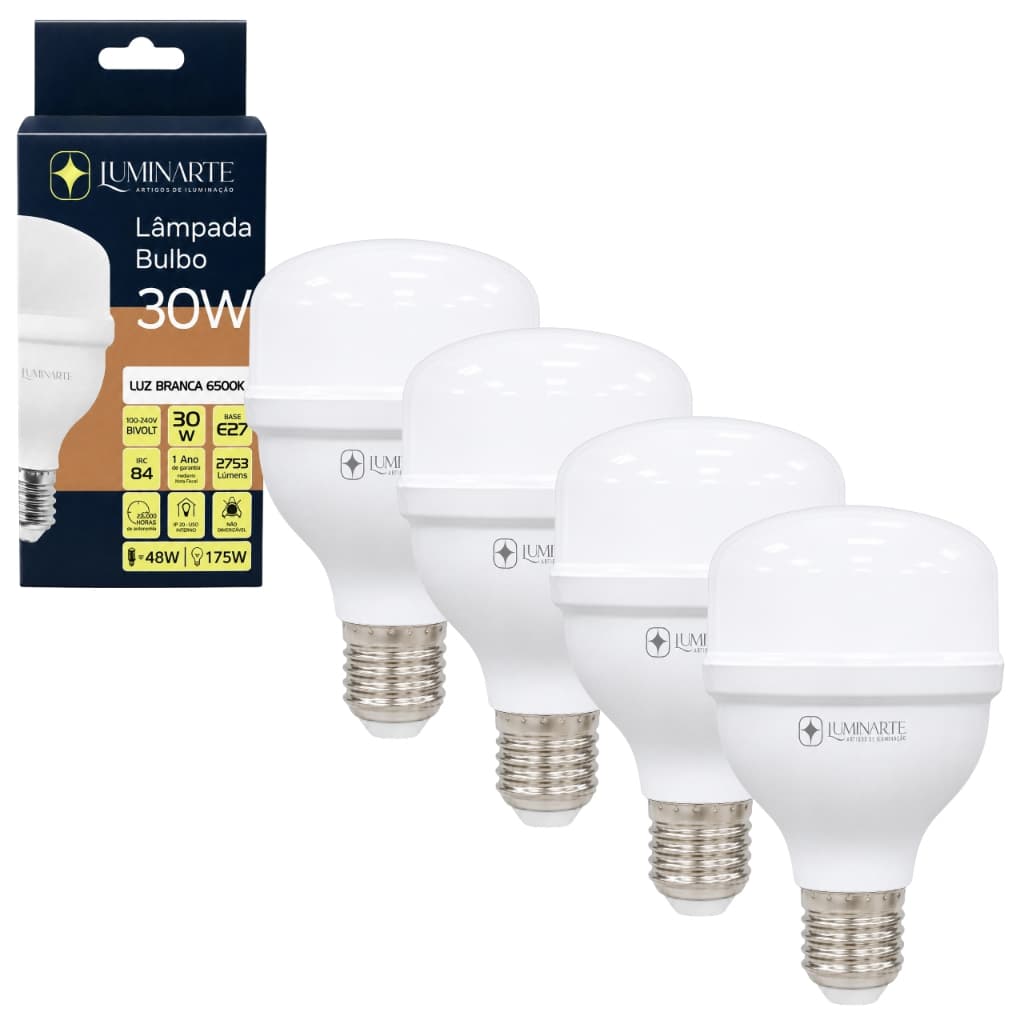 Kit 4 Lâmpadas Led 30W Bulbo 6500k Branco Frio(LUZ BRANCA) E27 Bivolt Inmetro Econômica - Luminarte