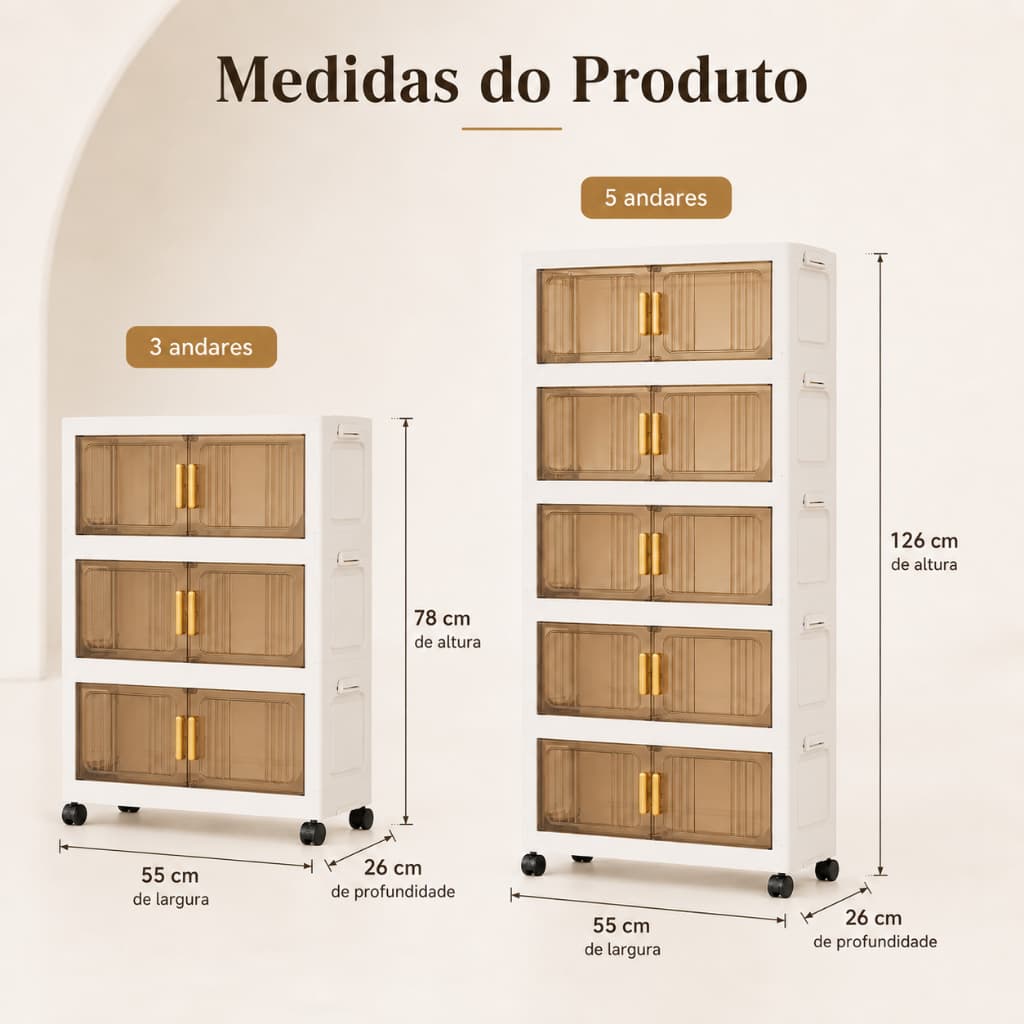 Armário Organizador Multiuso Modular Dobrável com Rodízios 360° e Portas Magnéticas – Marrom Transparente e Branco Creme