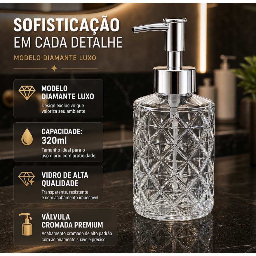 Dispenser para Sabonete Liquido Ou Alcool Em Gel 320ml De Vidro Pump Fosco Banheiro Lavabo