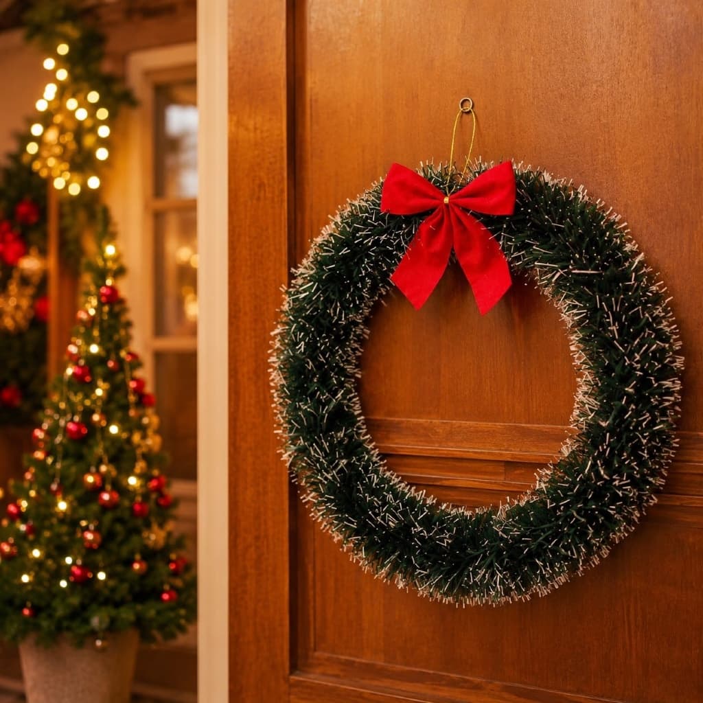 Guirlanda De Natal Decorativo Enfeite Com Laço Vermelho Para Porta Verde Nevada